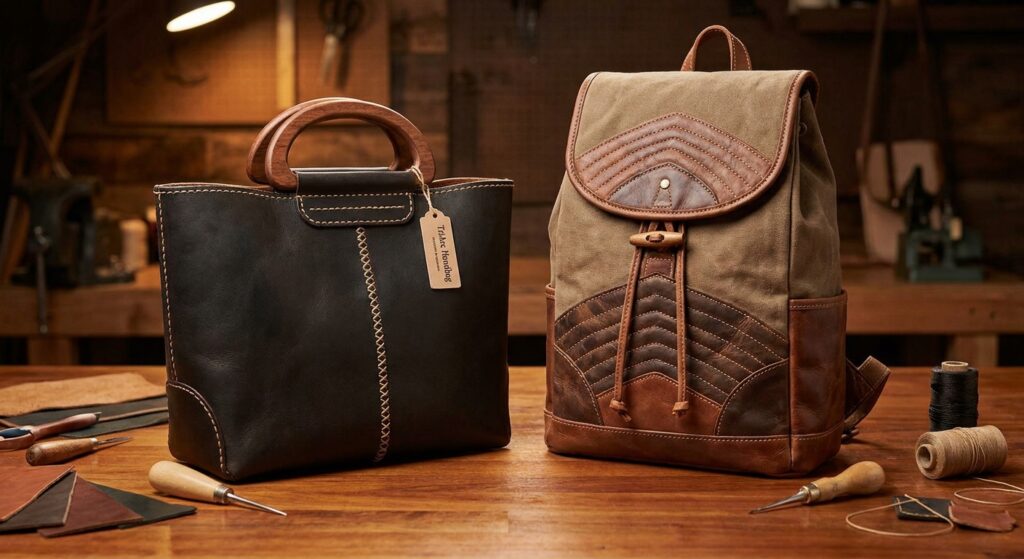 Deamores hand-stitched artisanal leather and wood bags.