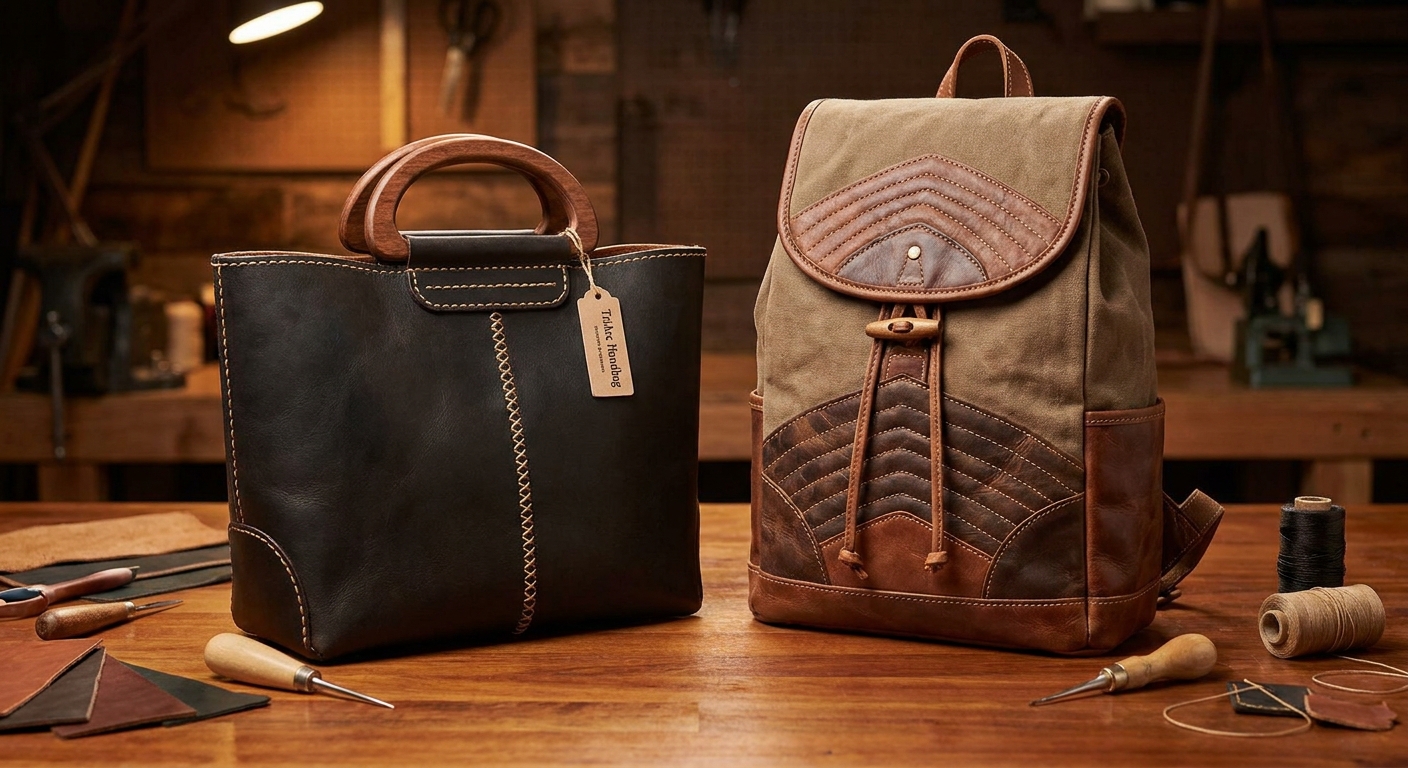 Deamores hand-stitched artisanal leather and wood bags.