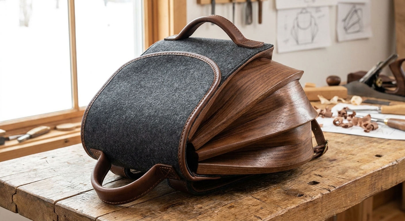 Modern artisanal wooden pack with a fan-shaped silhouette.
