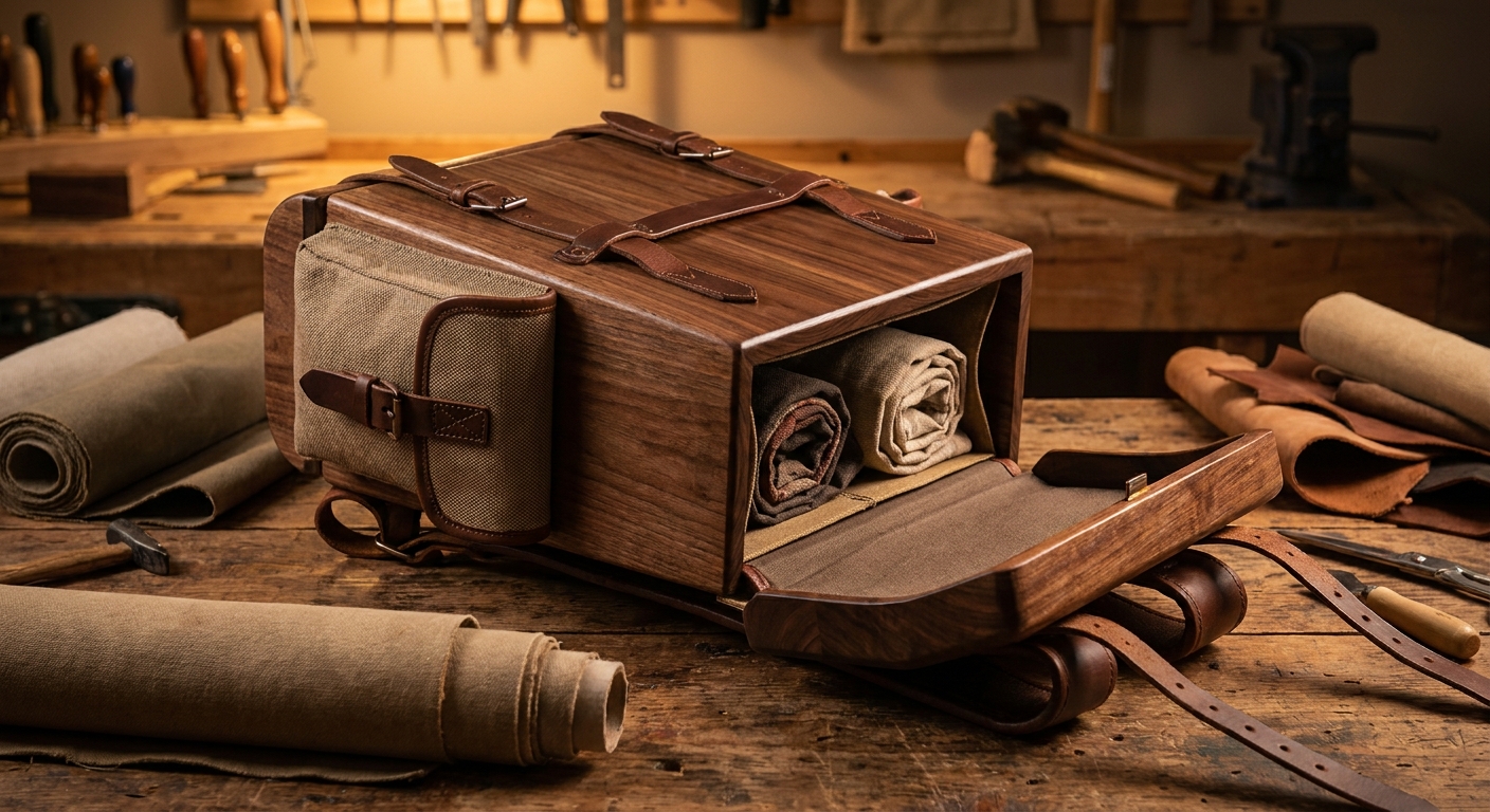 Artisanal wooden pack - A Symphony of Materials: Wood, Leather, and Fabric in Harmony