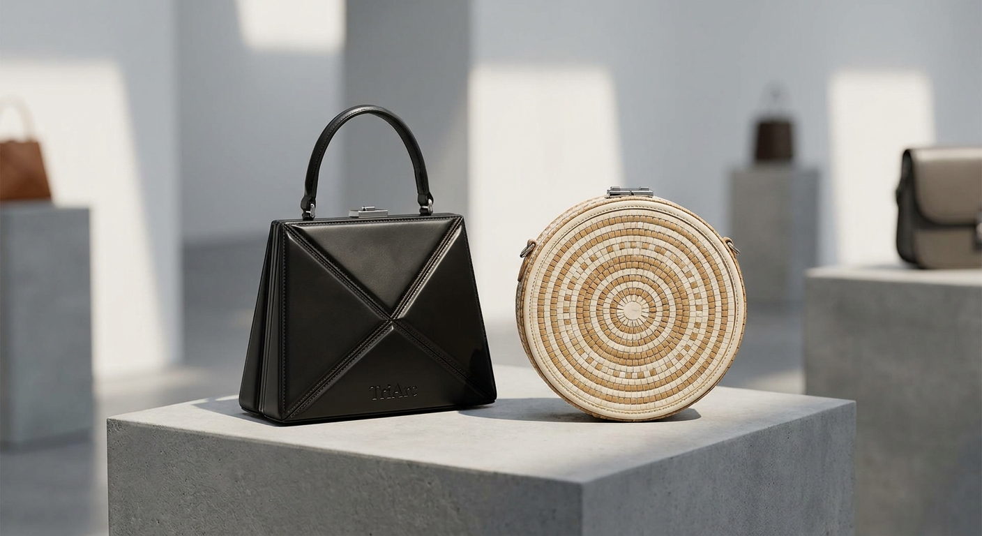 Architectural TriArc and CircleMosaic geometric structured handbags.