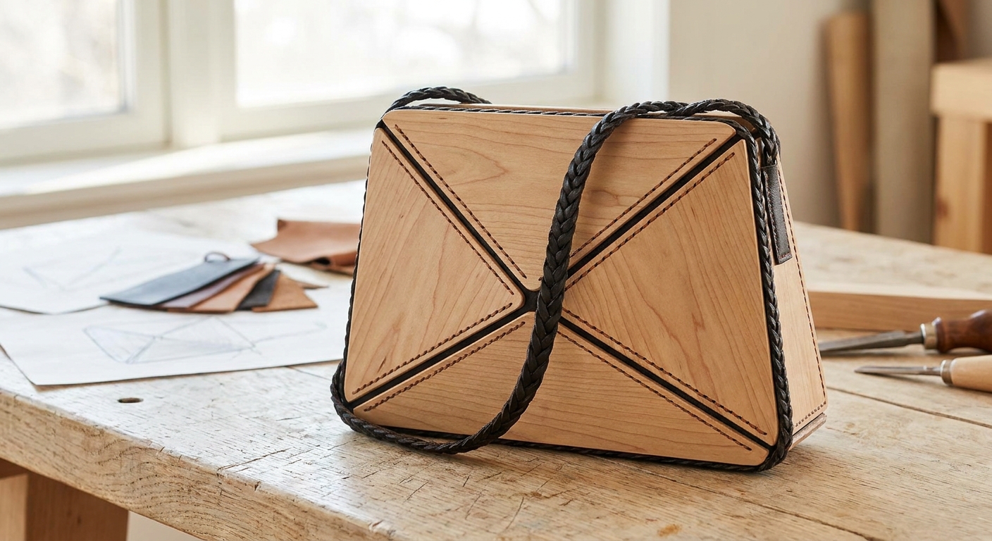 Architectural geometric wooden handbag with hand-stitched leather details.