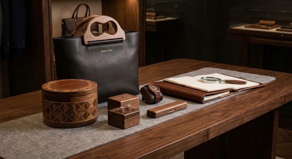 Heirloom Shellwave Tote and CircleMosaic luxury wooden accessories.