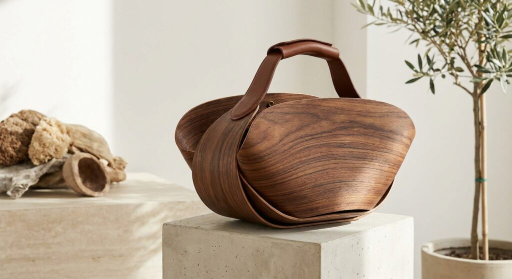 Sculptural organic wood tote bag with a shell-inspired silhouette.