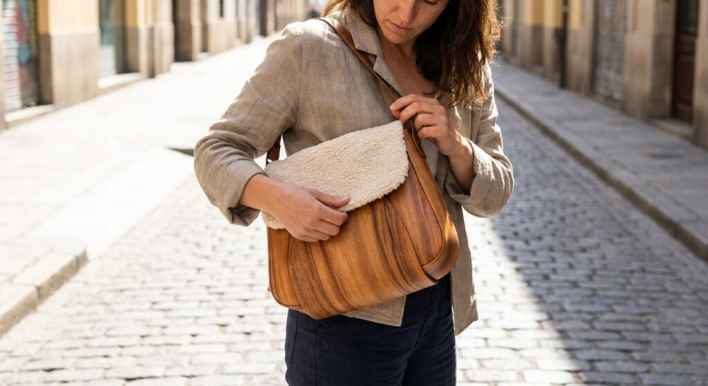 Deamores tactile wood and plush textured statement bags.