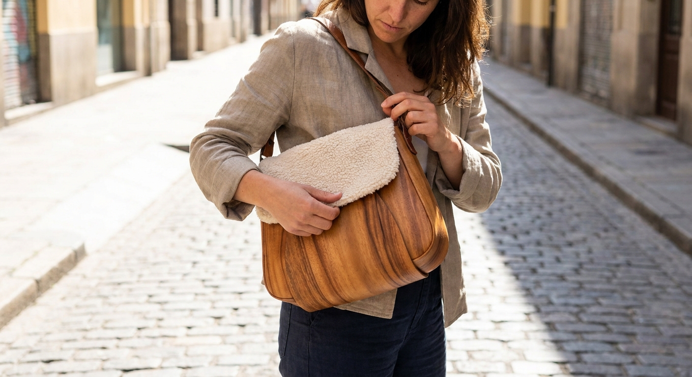 Deamores tactile wood and plush textured statement bags.