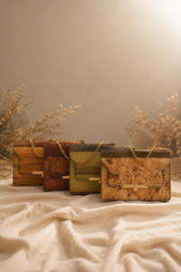 leather handbags in different colors and designs displayed on light fabric against a warm, decorative background